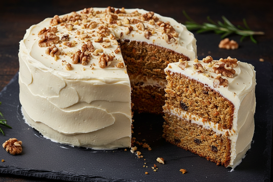 A two-layer carrot cake with pale ivory brown butter cream cheese frosting, topped with toasted walnuts, shot at a 45-degree angle on a dark slate surface with one slice partially removed to reveal the moist spiced crumb and thick frosting layers