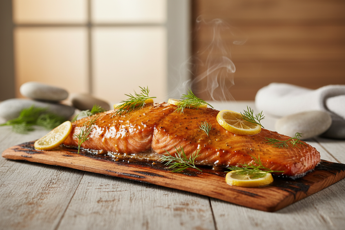 Cedar plank salmon with a caramelised maple Dijon glaze, garnished with fresh dill and lemon slices