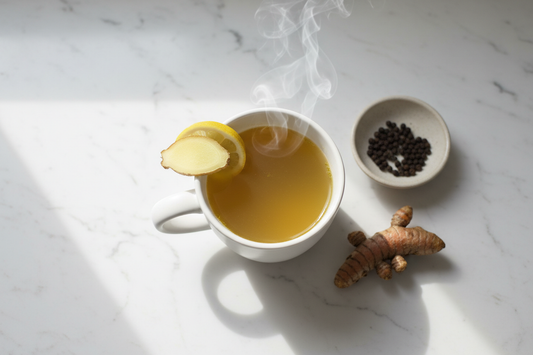 A ceramic mug of golden ginger and lemon bone broth with steam rising, a slice of fresh ginger and lemon wedge on the rim — the Spice Apothecary's most restorative daily tonic.