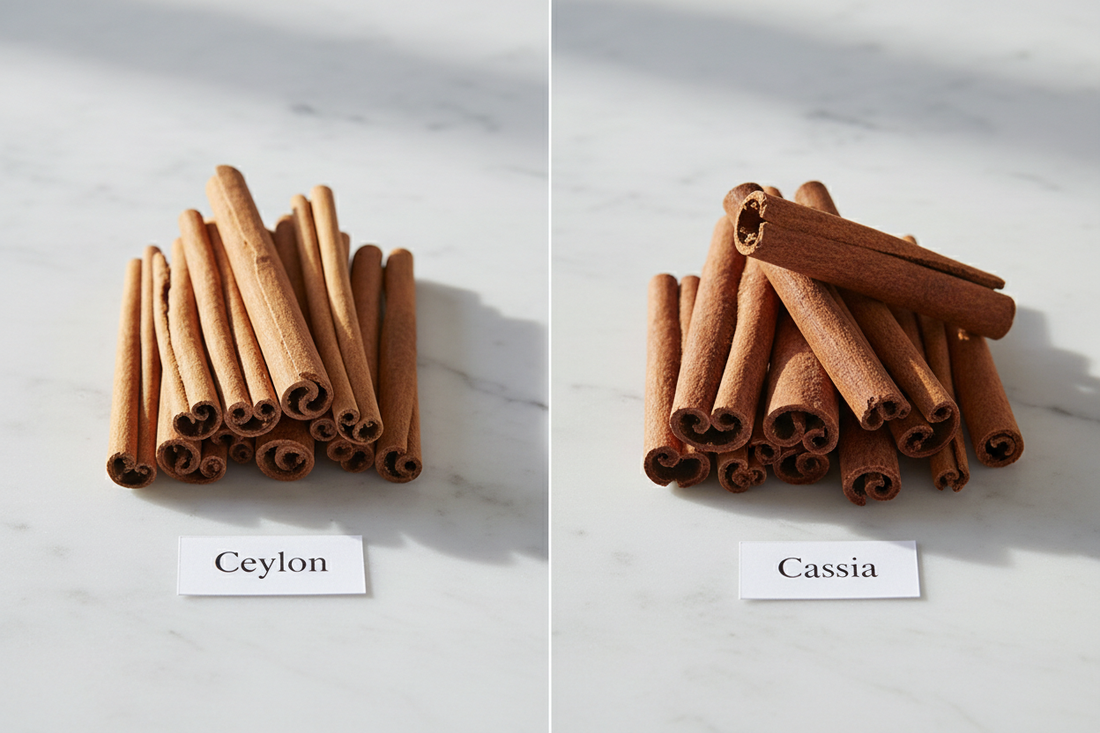 Ceylon and Cassia cinnamon sticks side by side on marble — Ceylon on the left is thin, pale, and tightly rolled; Cassia on the right is thick, hard, and dark reddish-brown. The visual difference is as significant as the nutritional one.