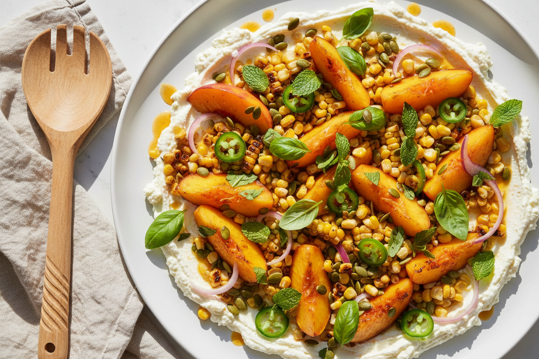 Overhead view of a charred corn and peach salad on a white ceramic platter, with whipped feta, fresh basil and mint, jalapeño, red onion, toasted pepitas, and a chilli-lime dressing drizzle.