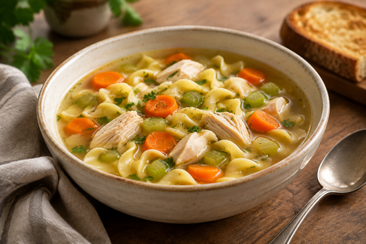 Chicken noodle soup with tender chicken, egg noodles, carrots, celery and parsley in a golden broth.