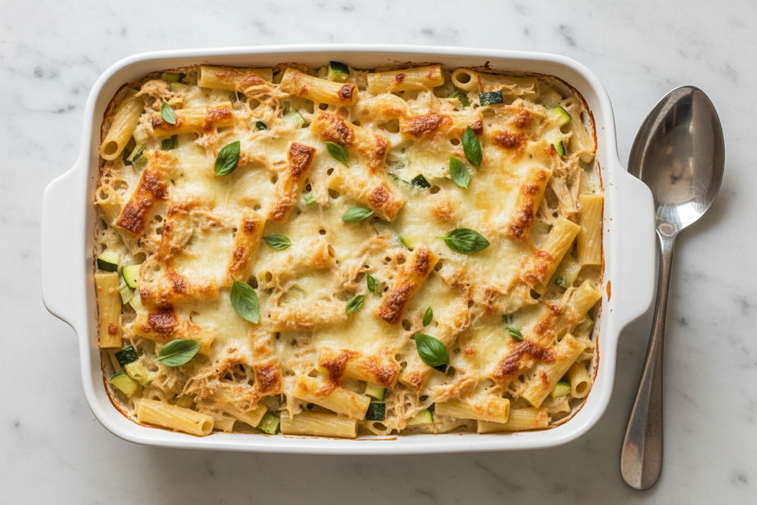 Top-down view of a golden bubbling chicken ricotta pasta bake in a white ceramic dish, with melted mozzarella and Parmesan, rigatoni, shredded chicken, zucchini, and fresh basil.