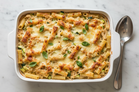 Top-down view of a golden bubbling chicken ricotta pasta bake in a white ceramic dish, with melted mozzarella and Parmesan, rigatoni, shredded chicken, zucchini, and fresh basil.