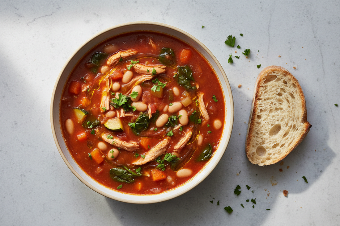Top-down view of a bowl of chicken and white bean ribollita with a rich tomato broth, cannellini beans, shredded chicken, wilted spinach, a drizzle of olive oil, and crusty ciabatta alongside.