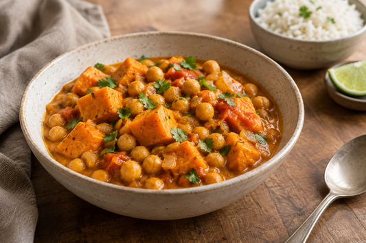 Chickpea and sweet potato curry in a golden coconut-tomato sauce, topped with cilantro in a cream ceramic bowl.