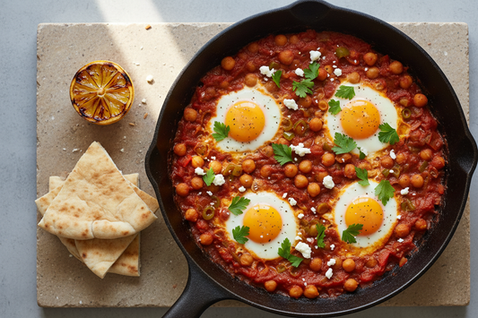 Overhead cast iron skillet with the full dish — poached eggs, chickpeas, brick-red sauce, feta, parsley, lemon wedge, and pita alongside on warm stone.