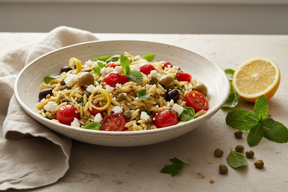 Chilled Lemon Herb Orzo with Roasted Cherry Tomatoes & Crispy Capers