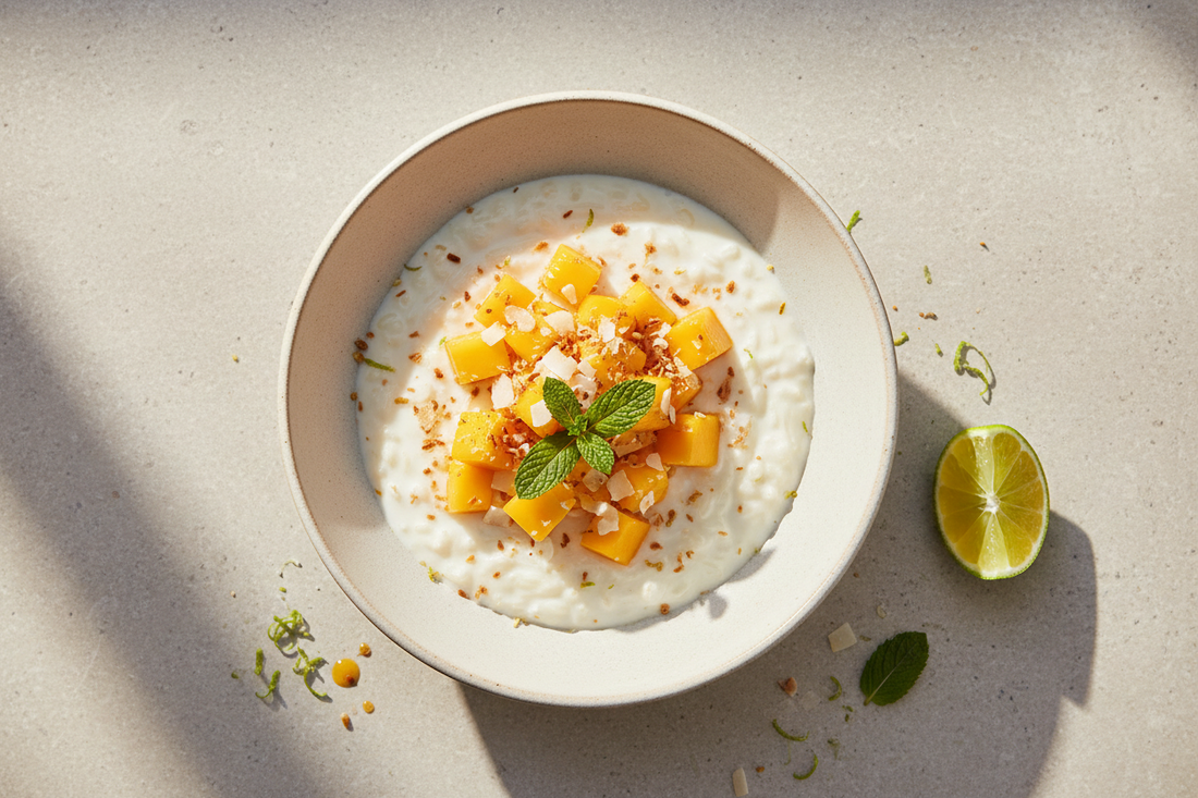 Overhead shot of chilled mango coconut rice pudding in a ceramic bowl topped with diced fresh mango, toasted coconut flakes, and a sprig of mint, with a lime wedge on the side.