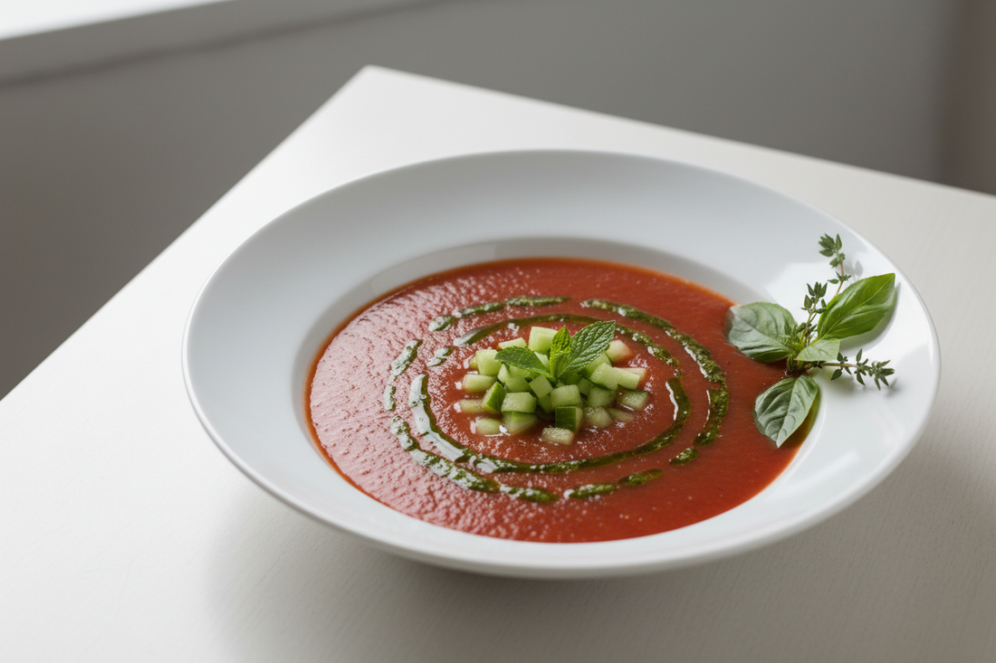Chilled tomato gazpacho in a wide white ceramic bowl with diced cucumber garnish and a drizzle of vibrant green herb oil