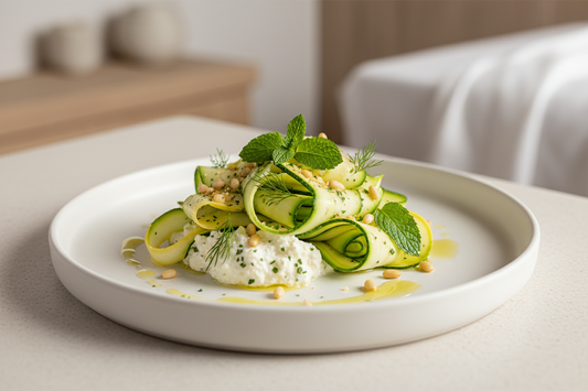 Chilled zucchini ribbon salad with whipped lemon-herb ricotta, toasted pine nuts, and fresh herbs on a white ceramic plate