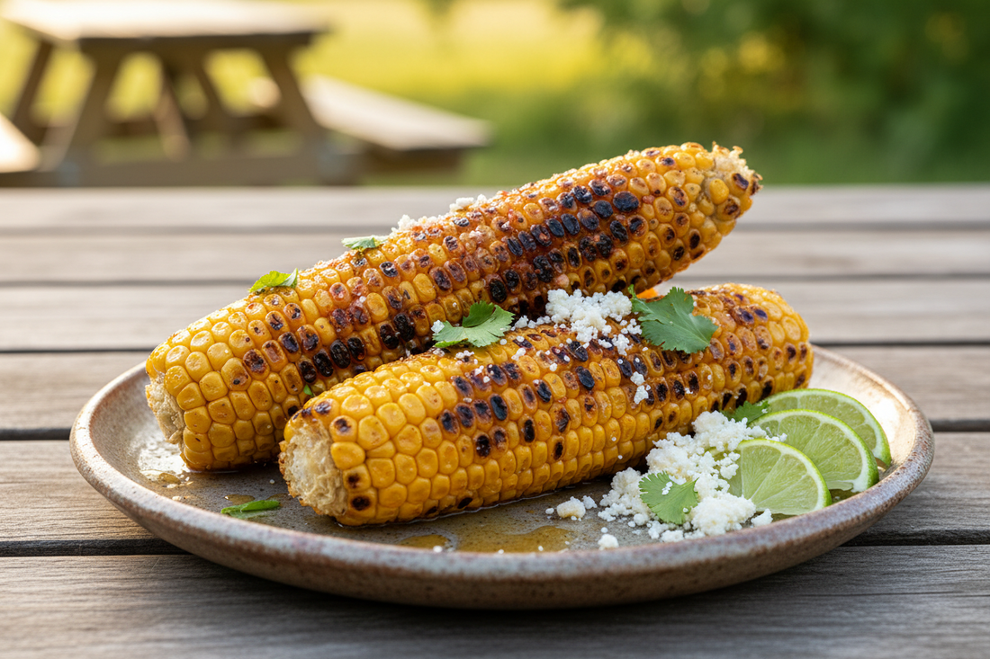 Chipotle-lime grilled corn with charred kernels, crumbled cotija, fresh cilantro, and lime wedges