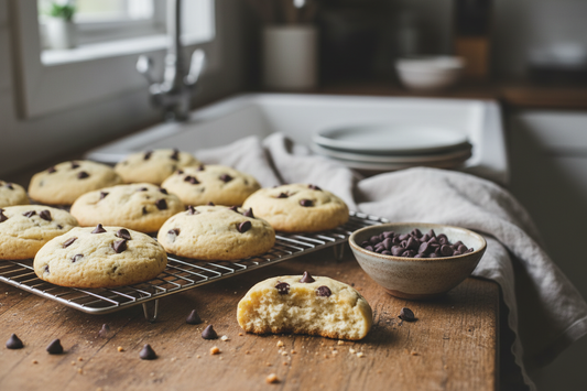 Soft chocolate chip cheesecake cookies cooling on a wire rack, one broken in half to show the pale tender crumb studded with mini chocolate chips, natural window light, small bowl of chocolate chips alongside, warm home kitchen setting.