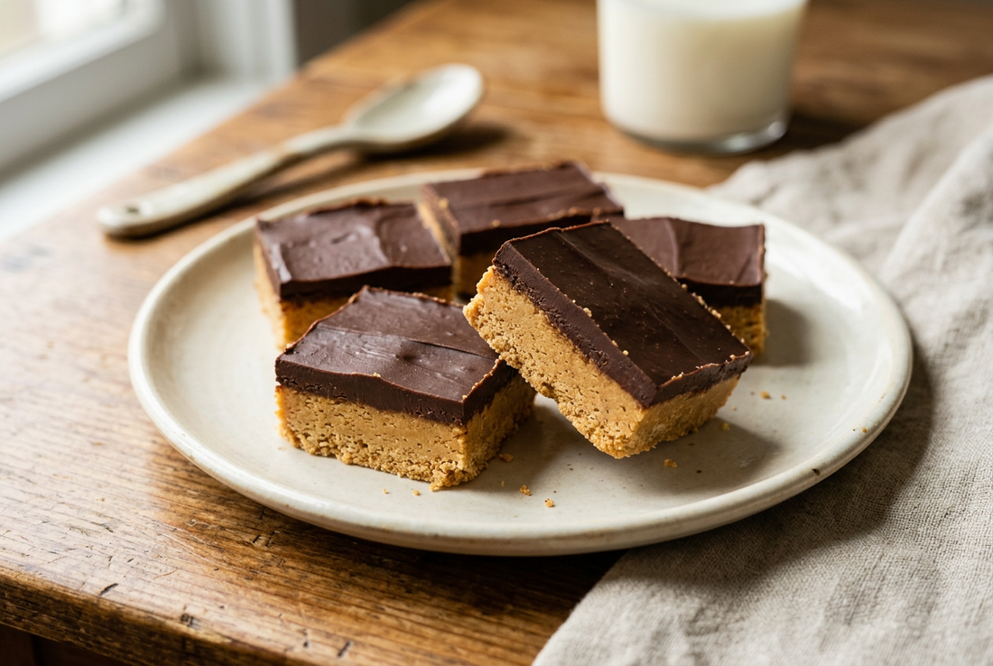 No-bake chocolate peanut butter squares with a golden graham cracker base and smooth chocolate fudge topping on a cream plate.