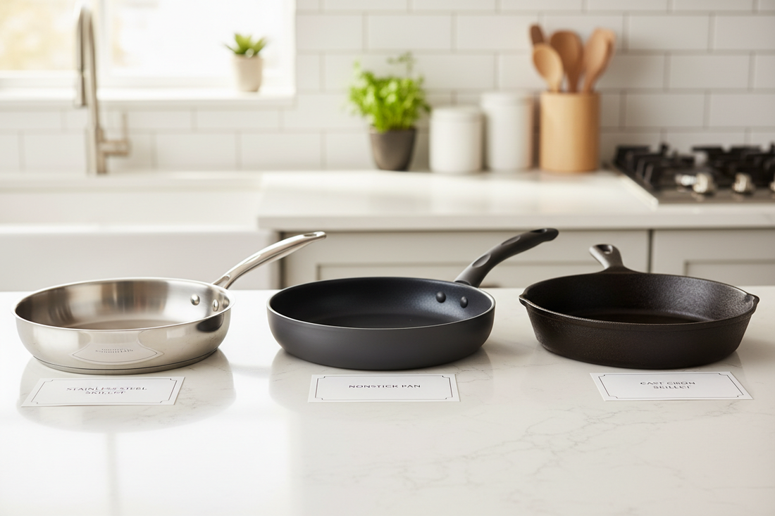 Three different types of cookware pans - stainless steel skillet, nonstick pan, and cast iron skillet side by side on kitchen counter