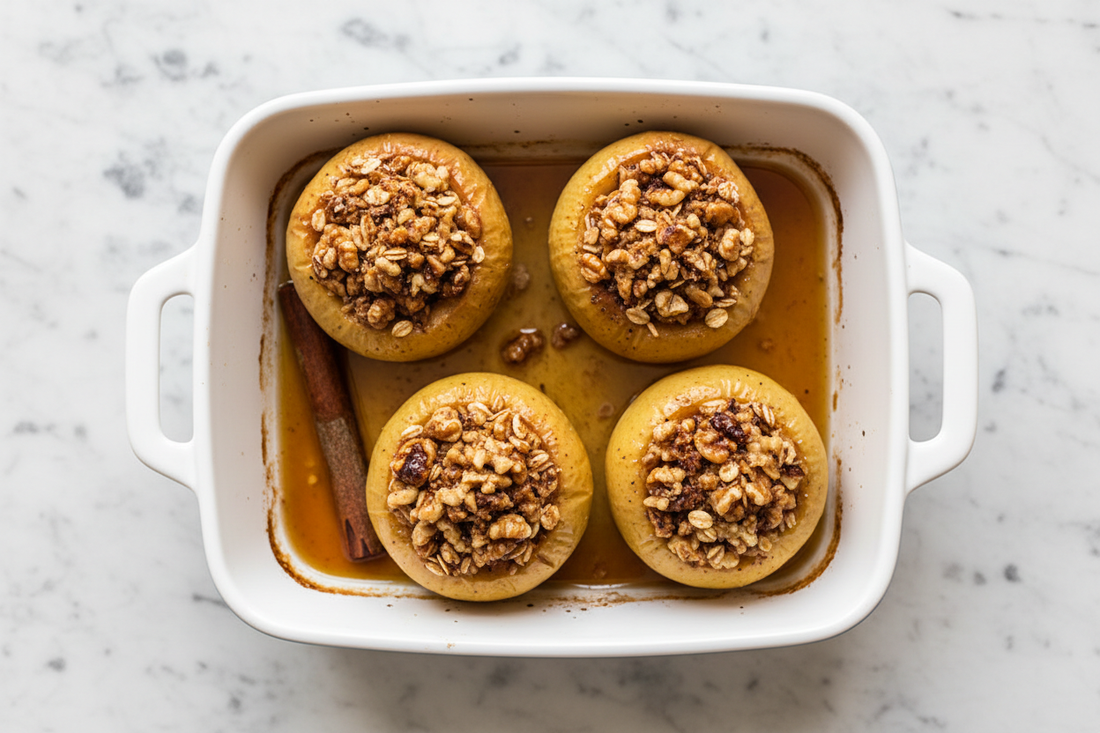 Four cinnamon and cardamom baked apples in a white ceramic dish, golden and caramelised, walnut and oat filling toasted at the tops, pan juices pooling around a Ceylon cinnamon stick — a warming, whole-food dessert with no refined sugar.