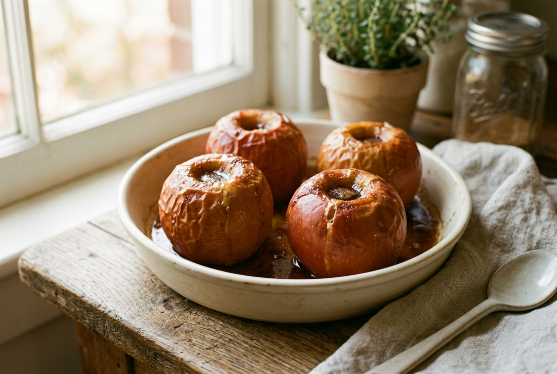 Whole cinnamon baked apples with softened skins and brown sugar filling in a cream baking dish with warm baking juices.