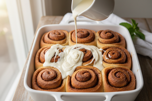a wide shot of the full pan of cinnamon rolls fresh from the oven with glaze being drizzled over