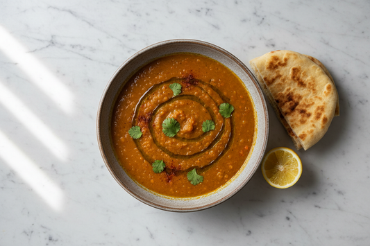A deep ceramic bowl of cinnamon-spiced red lentil soup finished with a swirl of olive oil, smoked paprika, and fresh coriander, with warm flatbread and a lemon wedge alongside — a blood sugar balancing bowl from The Spice Apothecary.