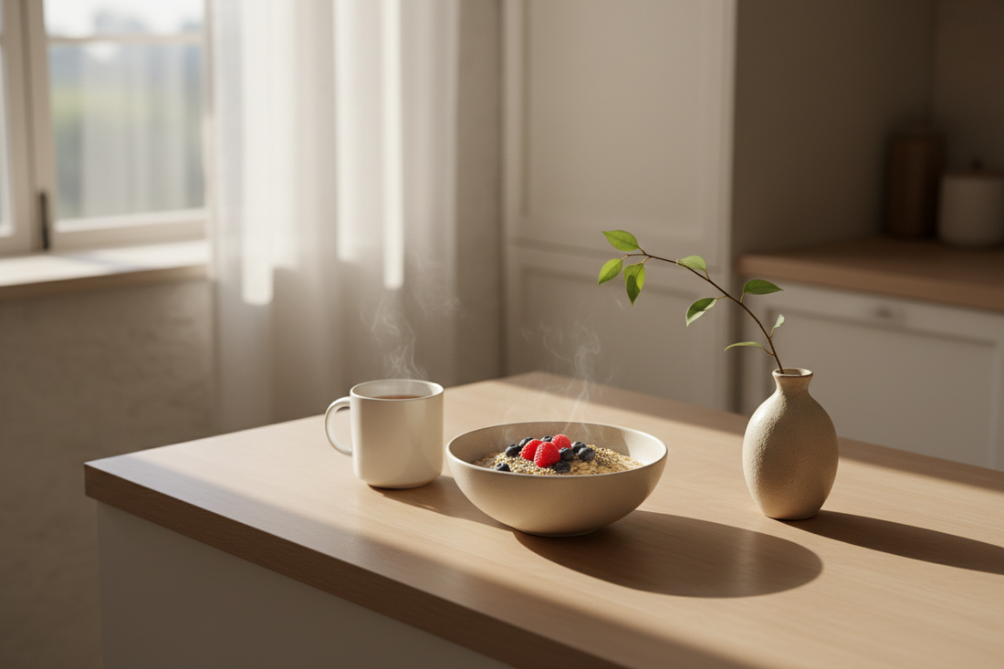 Minimalist kitchen counter with morning breakfast bowl and tea in soft natural light, representing circadian rhythm alignment