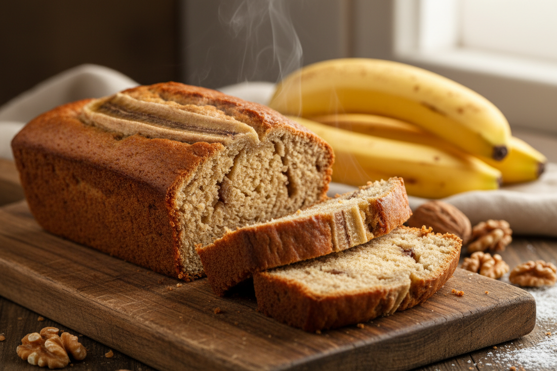 Classic banana bread recipe - moist homemade loaf sliced on cutting board with fresh bananas