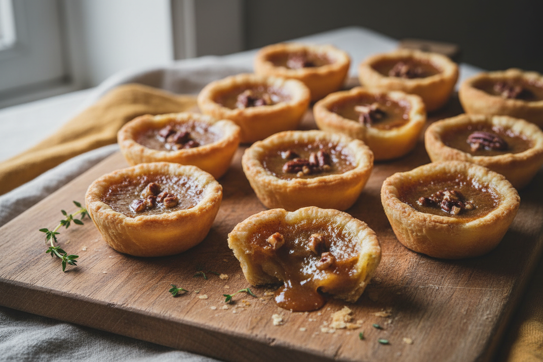 A dozen classic Canadian butter tarts on a rustic wooden board, with golden flaky pastry shells and glistening caramel-brown pecan filling, one tart broken open to reveal the soft, gooey interior.