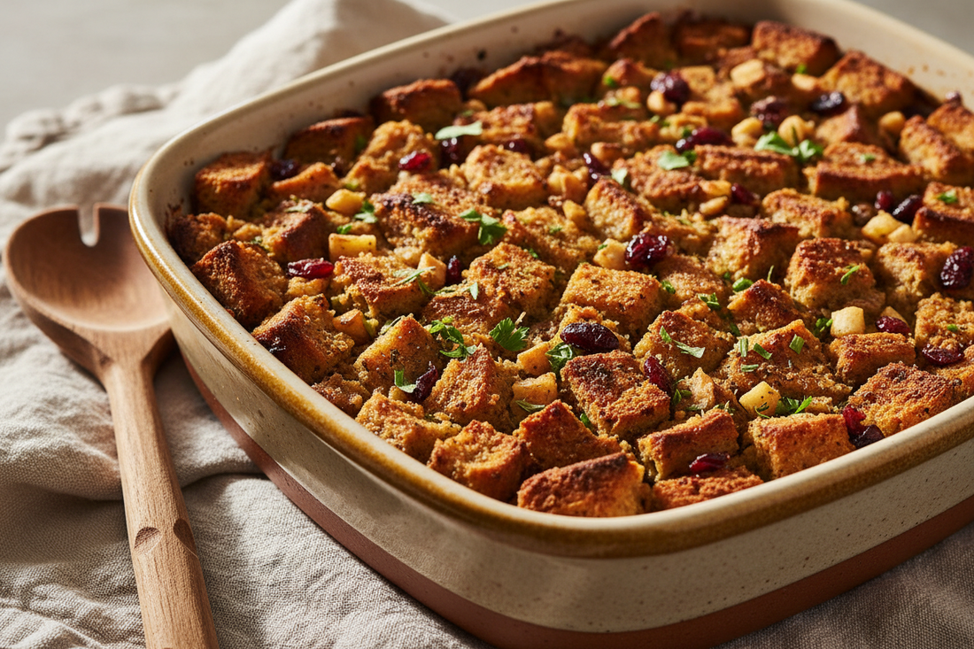 a rustic ceramic baking dish of golden-topped stuffing, crispy herb-flecked bread cubes, hints of cranberry and apple, natural side light