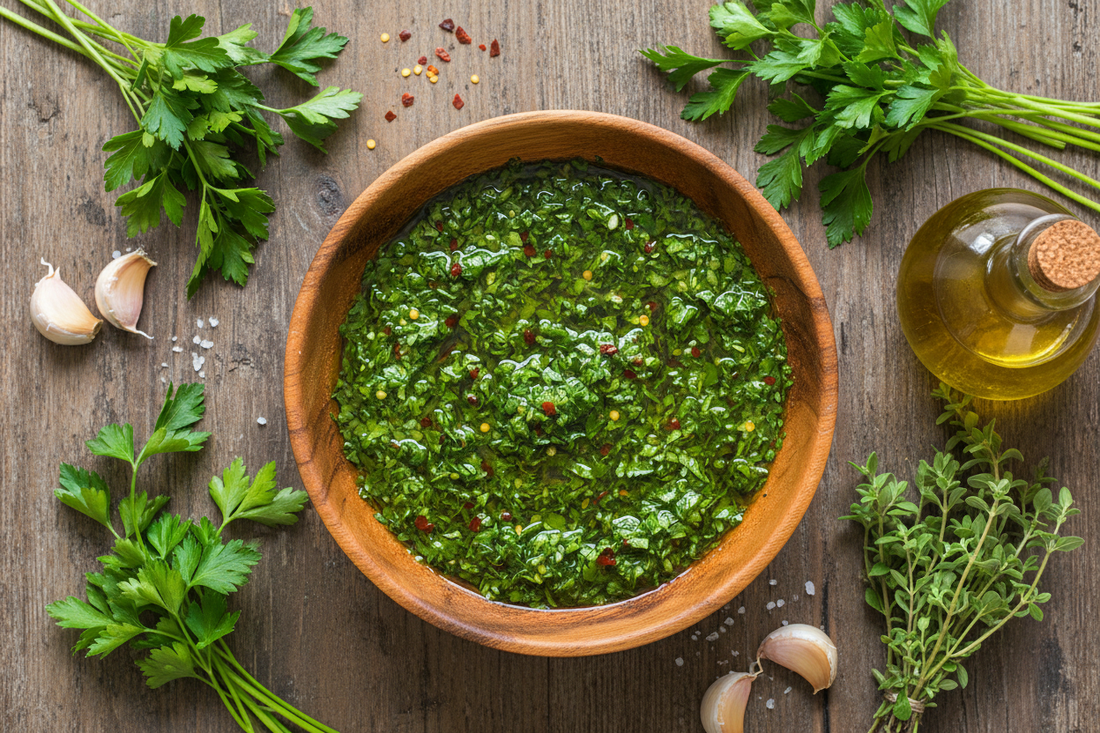 Bowl of fresh green chimichurri sauce with parsley, oregano, and chilli flakes on a wooden table
