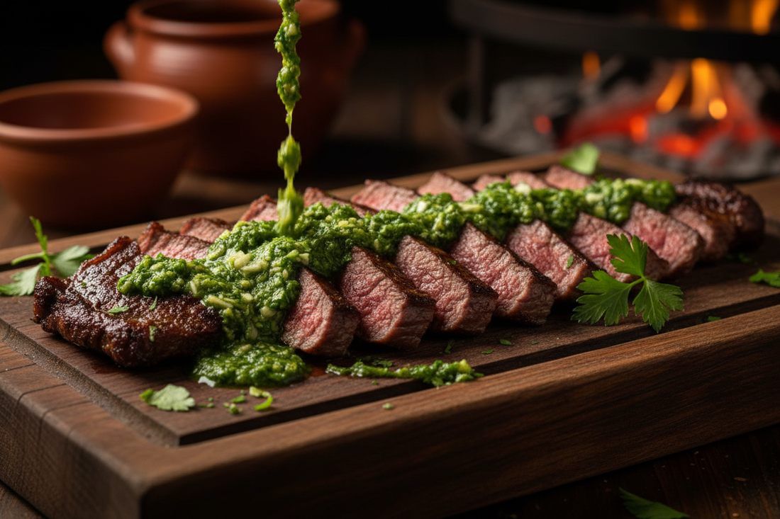 Thinly sliced chimichurri skirt steak on a wooden board with bright green chimichurri sauce and fresh parsley