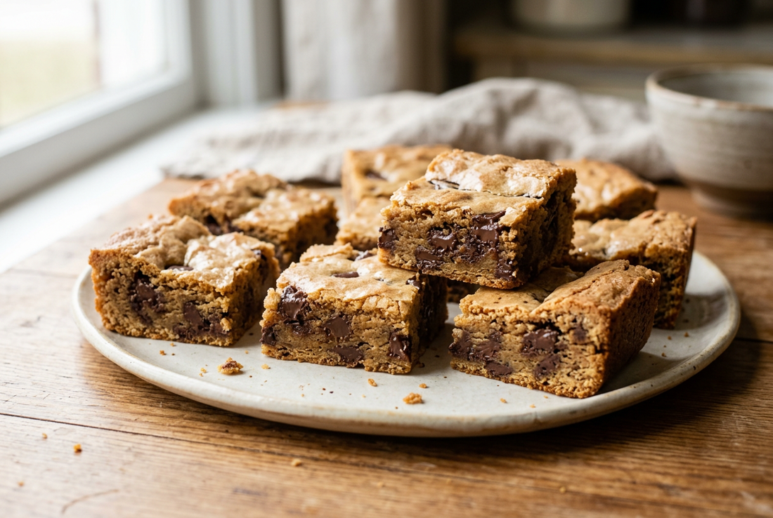 Golden chocolate chunk blondies with crinkled tops and soft centres, stacked on a cream platter in natural window light.