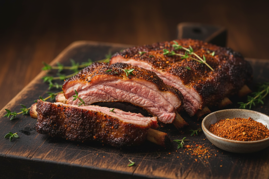 Classic dry-rubbed baby back ribs sliced and resting on a wooden cutting board with a smoky caramelised crust