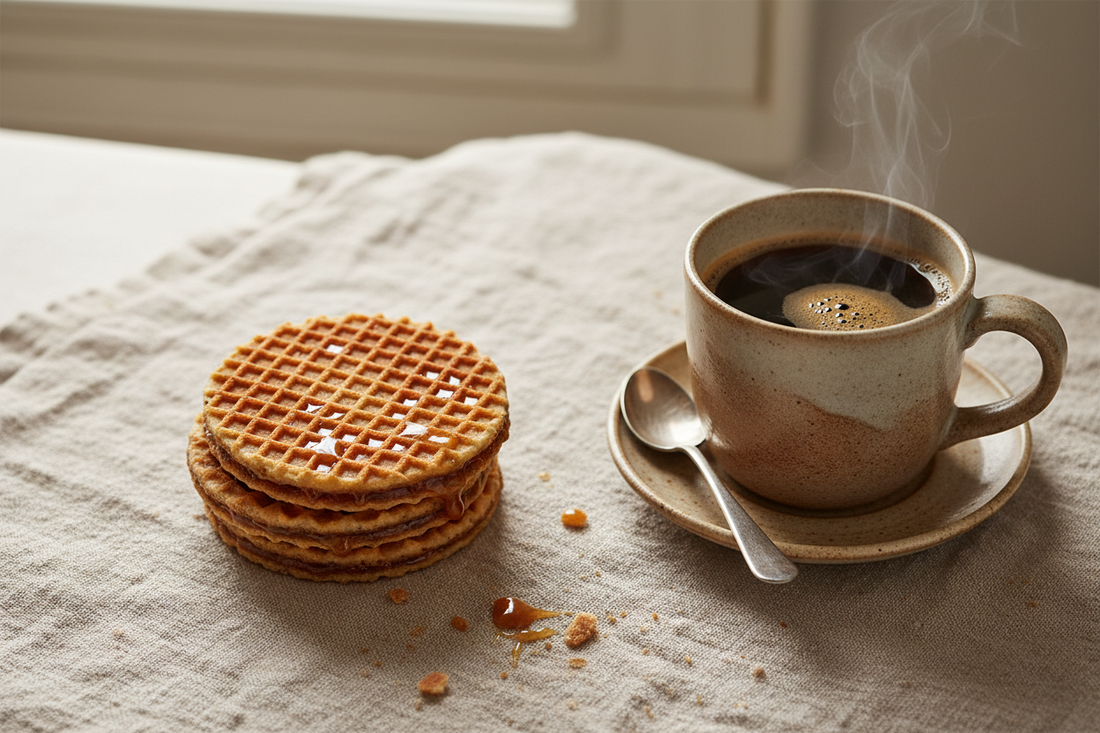 A small stack of classic Dutch stroopwafels resting on a linen cloth beside a ceramic mug of coffee, warm caramel visible at the edges, soft natural light.