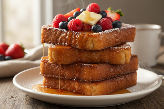 Classic French toast recipe - golden crispy slices stacked with powdered sugar, berries, and maple syrup