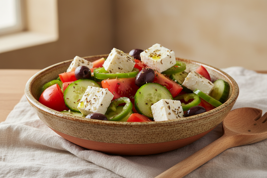 Classic Greek salad in a rustic bowl with fresh tomatoes, cucumbers, Kalamata olives, green peppers, and feta cheese drizzled with olive oil