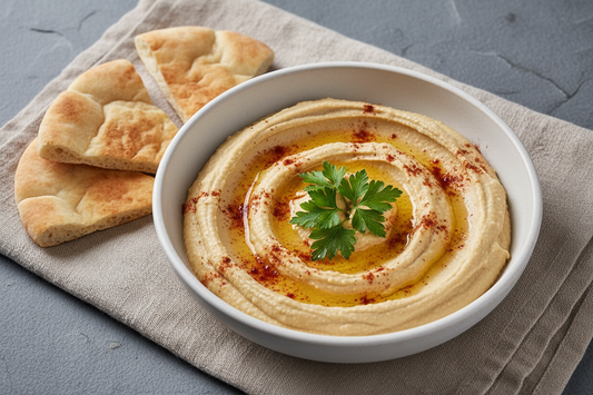 A shallow ceramic bowl of smooth homemade hummus swirled with olive oil, dusted with smoked paprika, and topped with fresh parsley, served with warm pita wedges on a linen surface.
