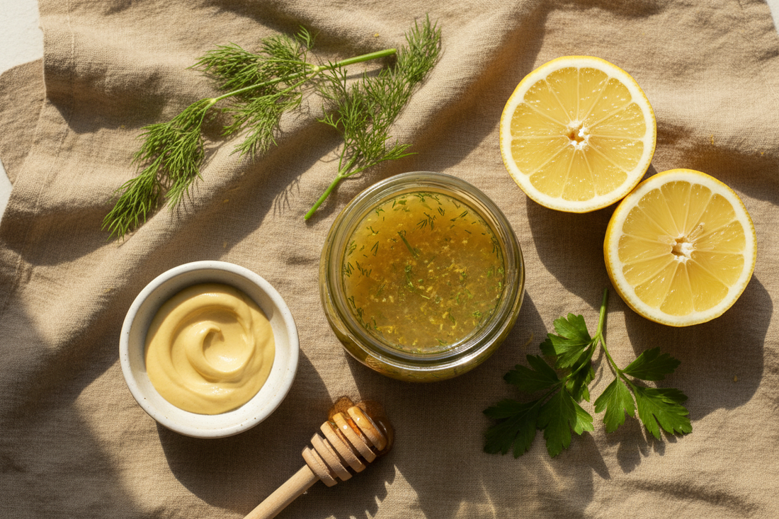 Overhead flat lay of classic lemon-herb vinaigrette in a glass jar with fresh lemon halves, dill, parsley, Dijon mustard, and a honey dipper on warm linen