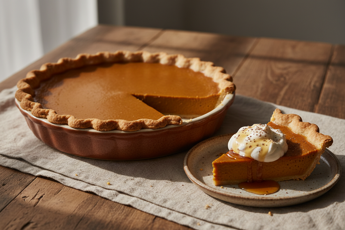 A classic maple pumpkin pie in a ceramic pie dish with a golden crimped pastry edge and smooth deep amber filling, a slice partially removed and topped with softly whipped cream, freshly grated nutmeg and a drizzle of maple syrup.