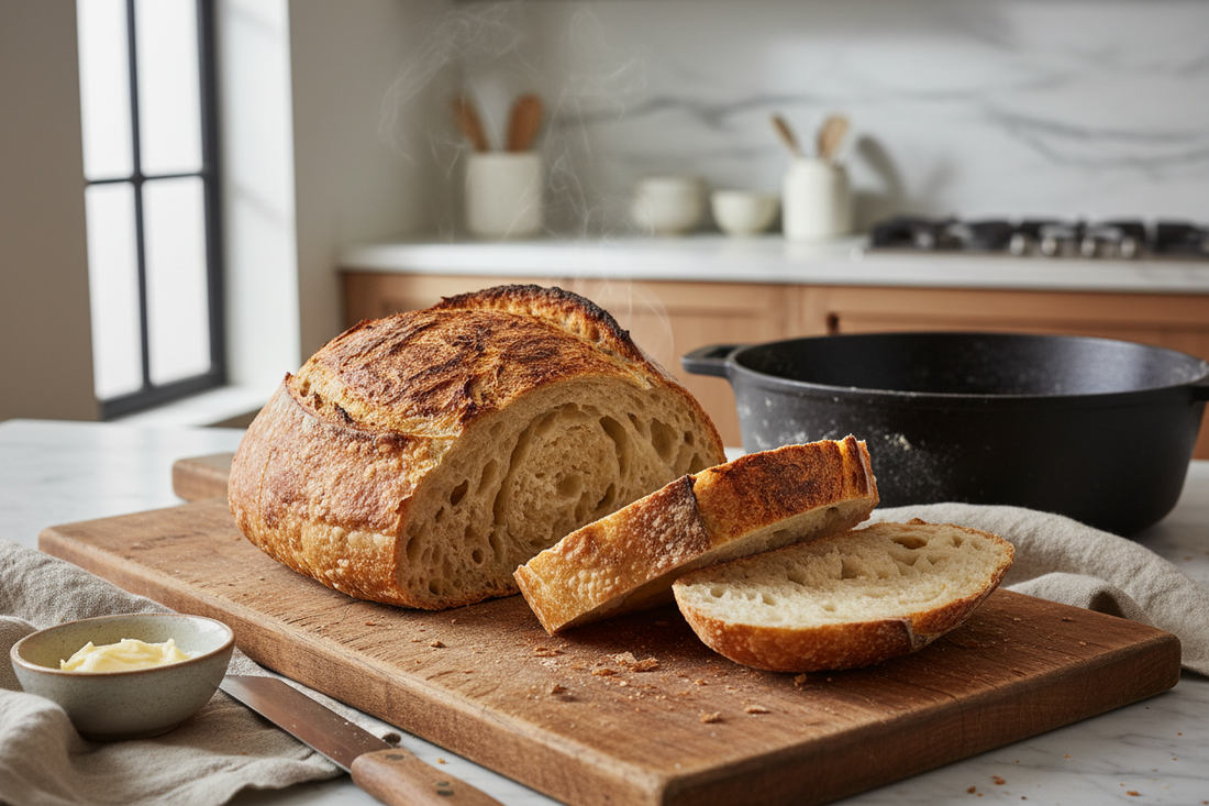 Golden-brown no-knead artisan bread with crispy crust baked in Dutch oven, sliced on wooden board showing airy crumb structure