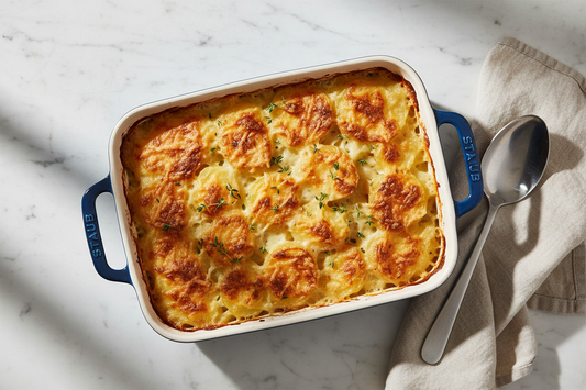 Classic potato gratin in ceramic baking dish with golden-brown cheese crust, showing creamy layers of thinly sliced potatoes and melted Gruyère