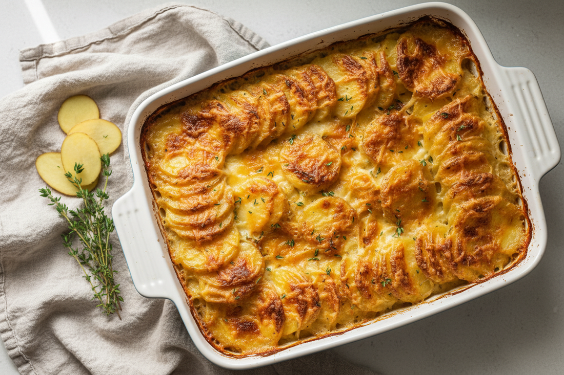 Golden scalloped potato gratin in a white ceramic baking dish with layered potato slices, rich cream sauce, and a crisped top, garnished with fresh thyme on a linen cloth