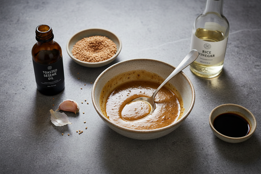 Angled view of toasted sesame-garlic dressing in a ceramic bowl with a spoon, toasted sesame oil, a garlic clove, sesame seeds, rice vinegar, and soy sauce on a grey stone surface