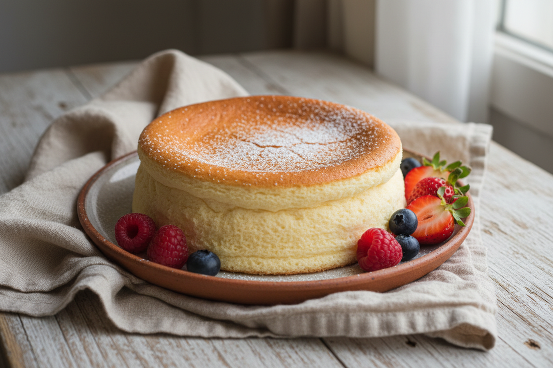 A whole cotton cheesecake, golden top dusted with icing sugar and fresh berries alongside.