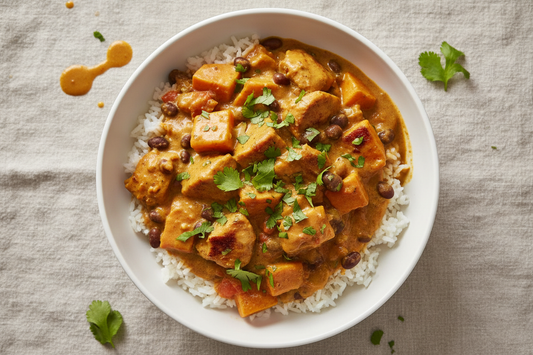 Coconut curry chicken with sweet potatoes and black beans served over rice in a white bowl