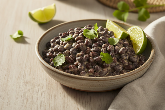  Coconut lime black beans in a rustic ceramic bowl, garnished with fresh cilantro and lime wedges on a wooden table