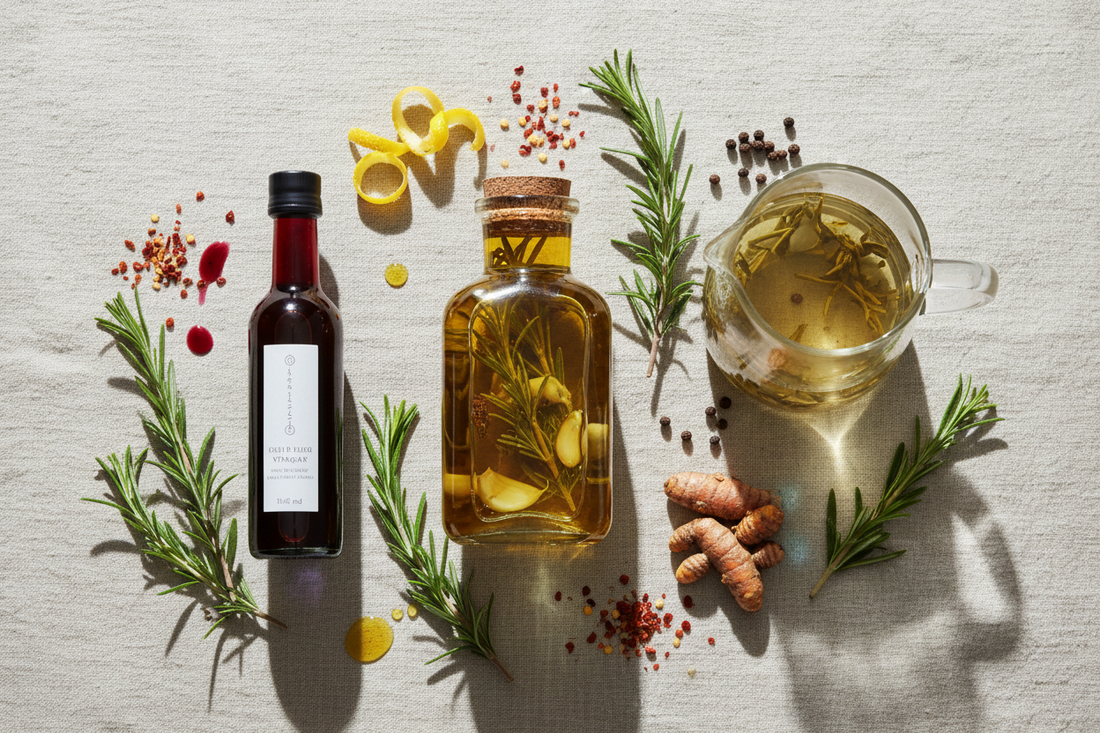 A flat lay of cold infusion ingredients: glass jars of herb-infused olive oil and raspberry vinegar, a pitcher of cold-brew tea, fresh rosemary, lemon zest, dried chili, peppercorns, and turmeric root on a linen surface.