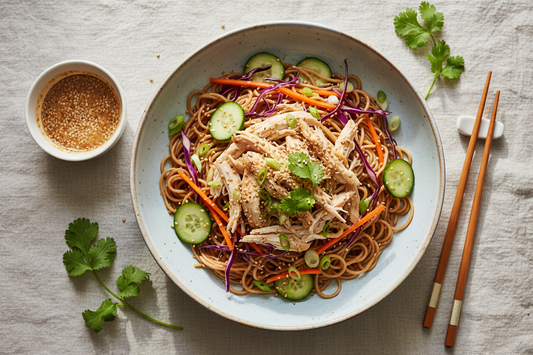 Overhead view of a cold sesame noodle salad with shredded chicken, purple cabbage, julienned carrot, cucumber, green onions, and toasted sesame seeds in a wide ceramic bowl, styled on a linen surface with chopsticks and a small dish of dressing.
