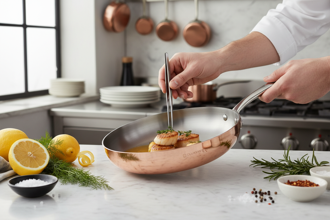 Cook's hands fixing and adjusting a dish in premium cookware with fresh ingredients and seasonings on marble surface
