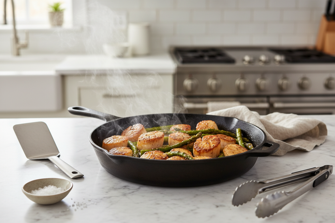 Cast iron skillet with beautifully caramelized food showing golden-brown crust and proper cooking technique on marble surface