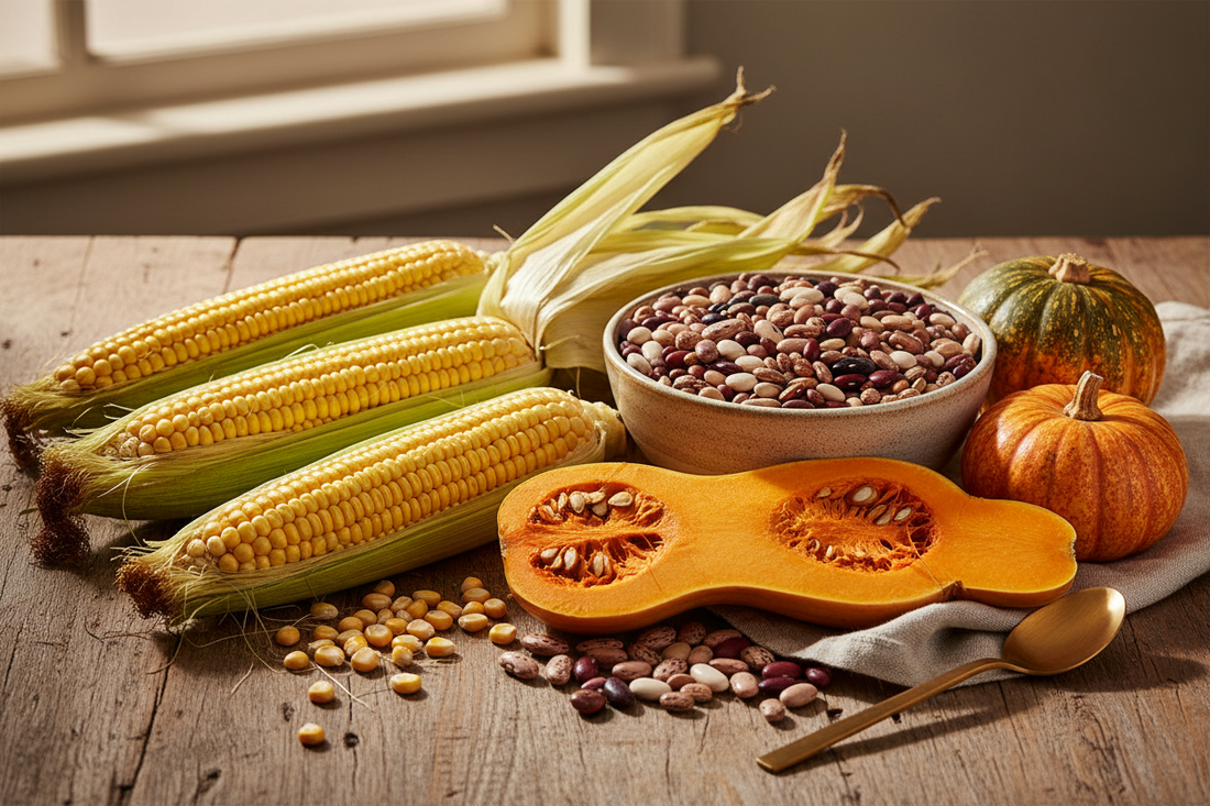 Corn, beans, and squash displayed together representing the Three Sisters Indigenous agricultural and nutritional system