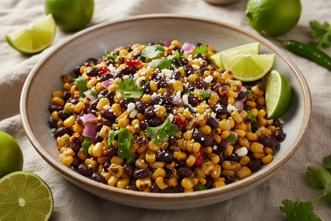 Charred corn, black beans, cotija, and a punchy chili-lime dressing — a bold, no-fuss summer salad inspired by Mexican street corn that comes together in 20 minutes.